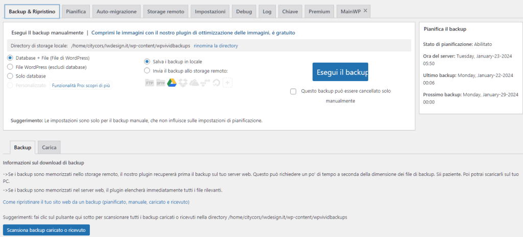 impostazioni backup wpvivid
